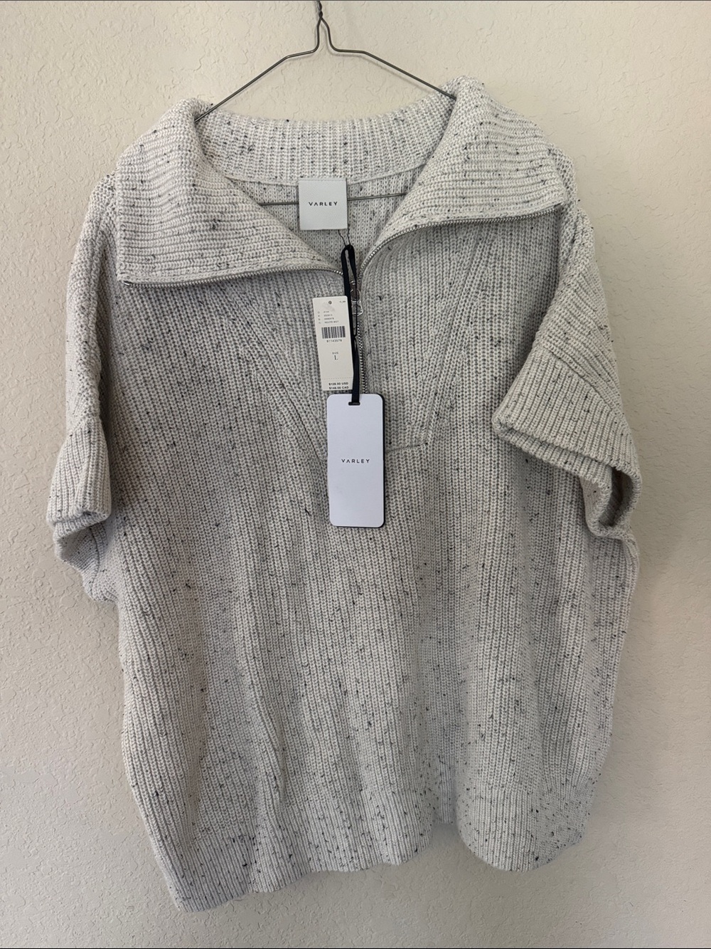 Varley Cream Speckled Fold-Over Collar Short-Sleeve Sweater